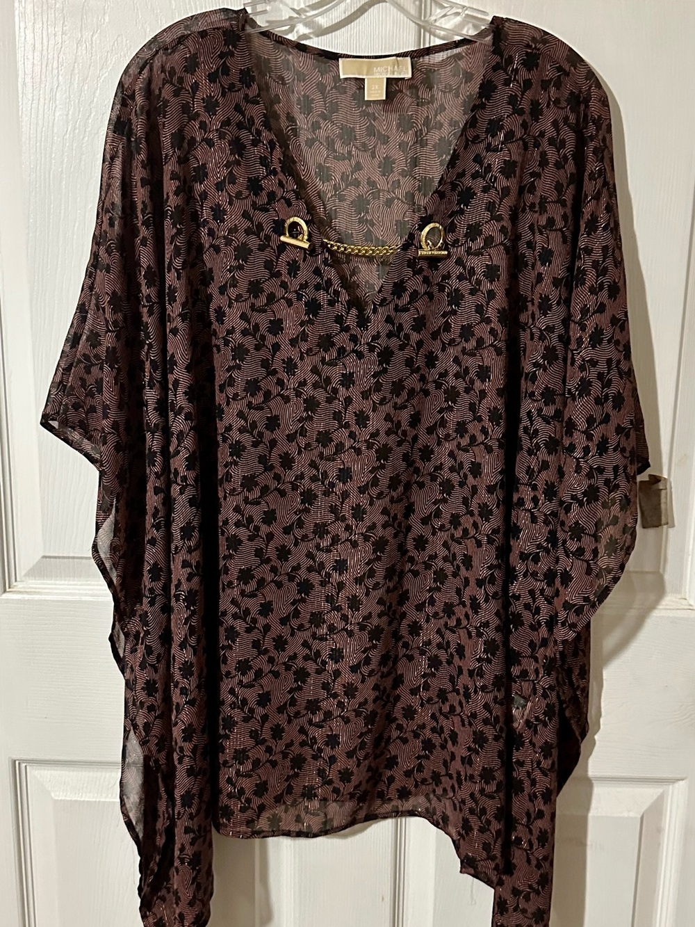 Michael Kors Brown Floral V-Neck Tunic with Gold Chain Detail